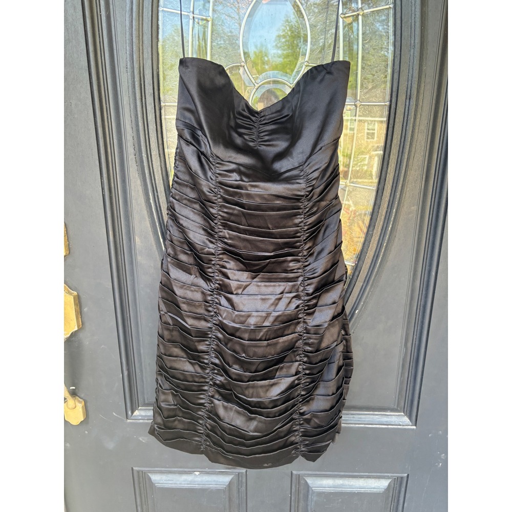 Y2K‎ Express Womens Black Satin Ruched Strapless Sweetheart Bodycon Mini Dress